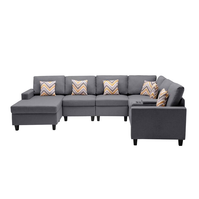 Linen Fabric 7 Piece U-Shaped Reversible Chaise Sectional Sofa with Storage Console Table and 6 Pillows