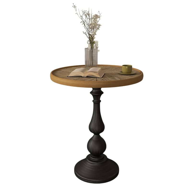 Anmytek Vintage Pedestal End Table Rustic Distressed Top Black Cottage Living Room Side Table
