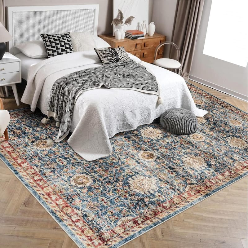 Vintage Boho Washbale Floor Cover Area Rug for Bedroom, Living Room, Dark Blue - 1'6" x 2'6"