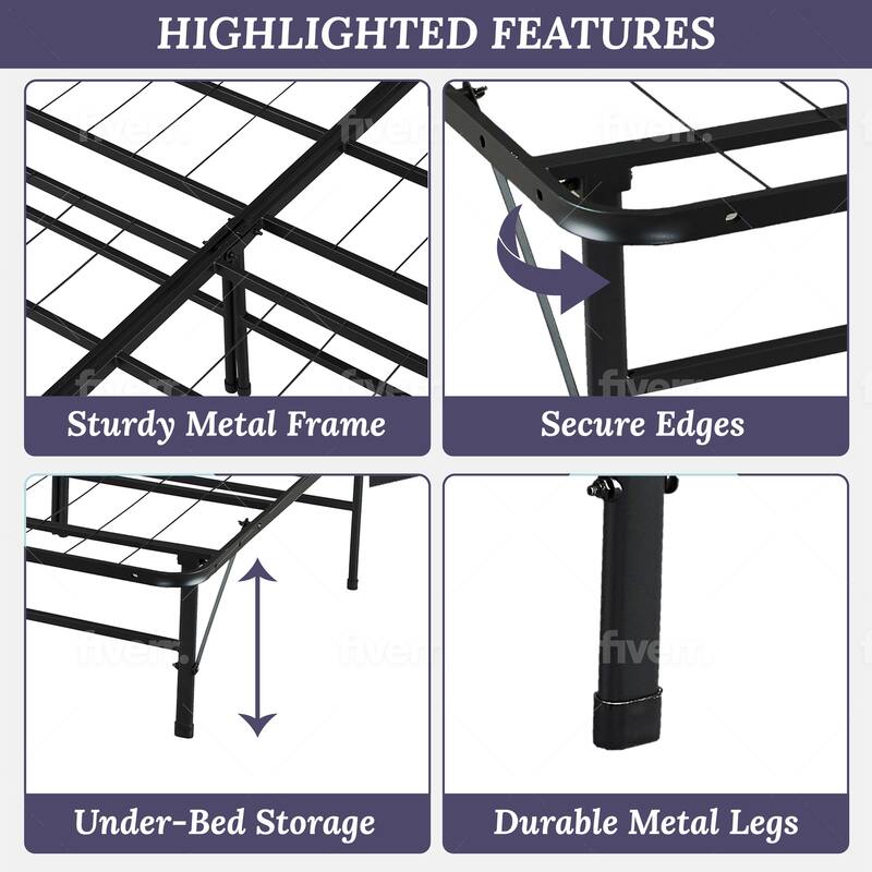 Heavy Duty Foldable Bed Frame with Steel Metal Slats Mattress Foundation