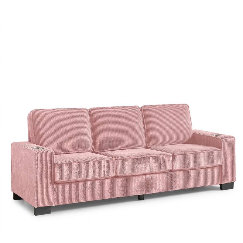 83.8'' Corduroy 3-Seat Sofa with Cup Holders, Modern Upholstered Couch, Compressed Living Room Sofa for Apartment Home Office