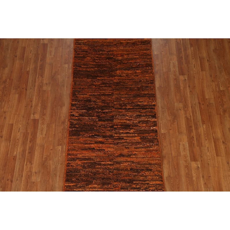 Hand Knotted Oriental 100% Wool Carpet Tribal Stripe Oranges & Rust Moroccan Runner Rug - 9' 7'' X 3' 0''