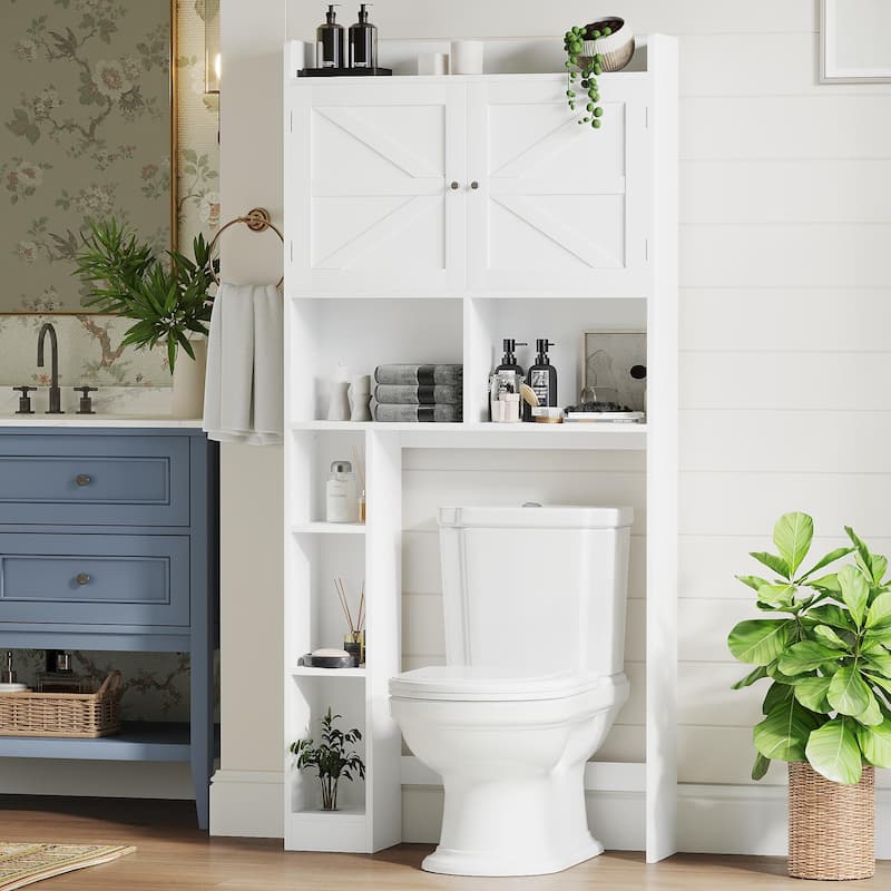 Over-The-Toilet Storage Cabinet with Adjustable Shelf, Bathroom Space Saver with Double Doors and Open Shelves