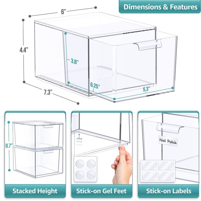 Makeup Organizer Drawers (2 Drawer Set) - Clear - 7.4in x 6in x 4.4in
