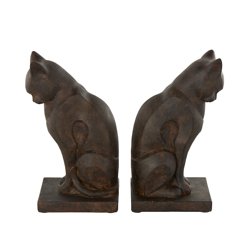 Resin Cat Frowning Bookends with Copper Accents - Set of 2 Dark Brown - Roche River Decor - 3"W x 5"L x 8"H