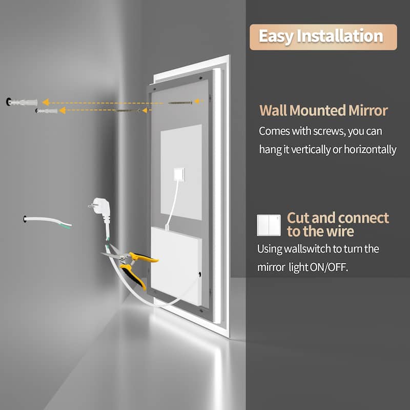Backlit LED Bathroom Wall Mirror with Dimmable 3 Colors Anti-Fog