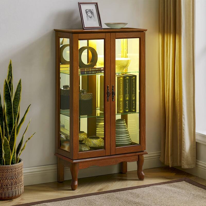 Curio Cabinet Lighted Diapaly Cabinet Wooden Shelving Unit with Adjustable Shelves and Mirrored Back Panel, Tempered Glass Doors