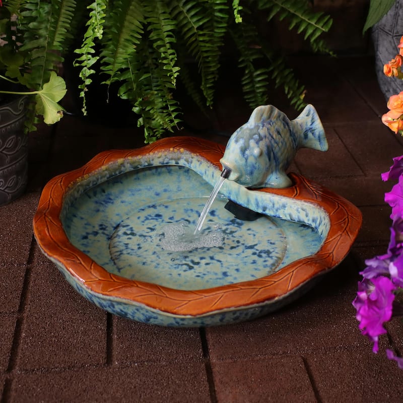 Sunnydaze Glazed Ceramic Fish Outdoor Water Fountain Garden Decor - 7-Inch - Blue