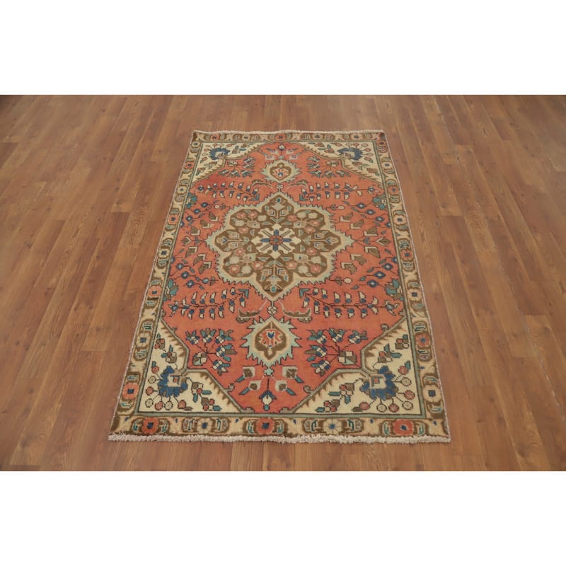 Hand Knotted Oriental 100% Wool Carpet Traditional Floral Oranges & Rust Tabriz Area Rug - 4' 10'' X 3' 2''