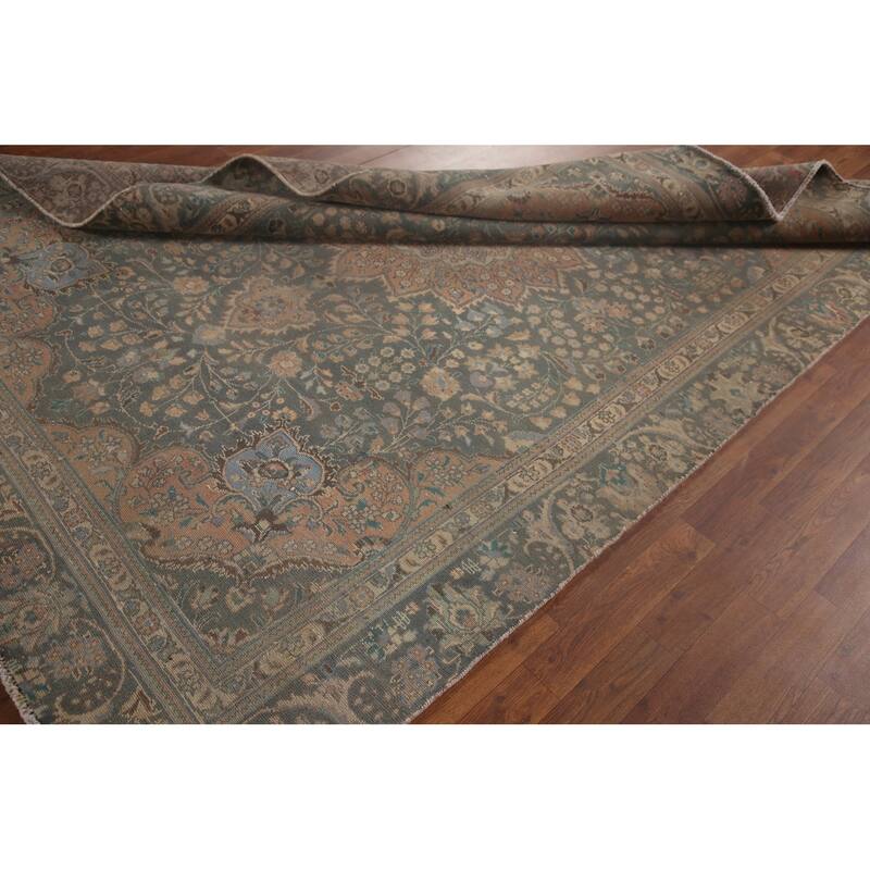 Green Tabriz Persian Vintage Area Rug Hand-knotted Wool Carpet - 6'5" x 8'11"