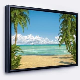 Designart "Palms at Caribbean Beach" Seashore Photo Framed Canvas Art Print