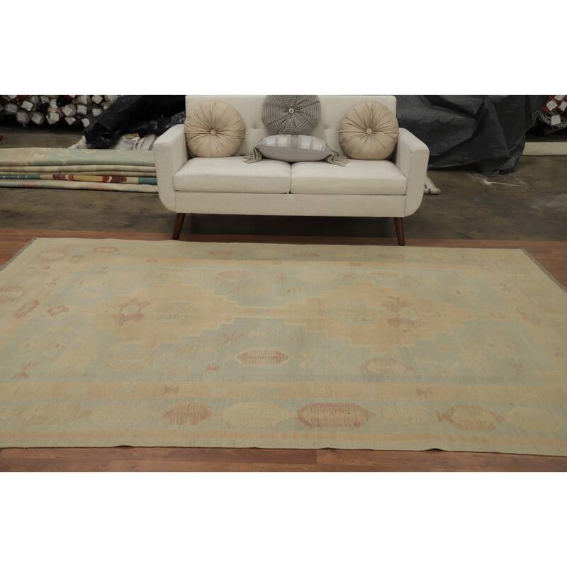 Hand Woven Oriental 100% Wool Carpet Southwestern Tribal Navy Blue & Blues Kilim Area Rug - 9' 10'' X 6' 7''