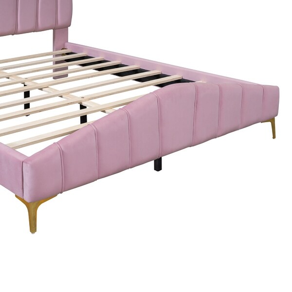 Modern Queen Size Bed Frame Velvet Upholstered Platform Bed