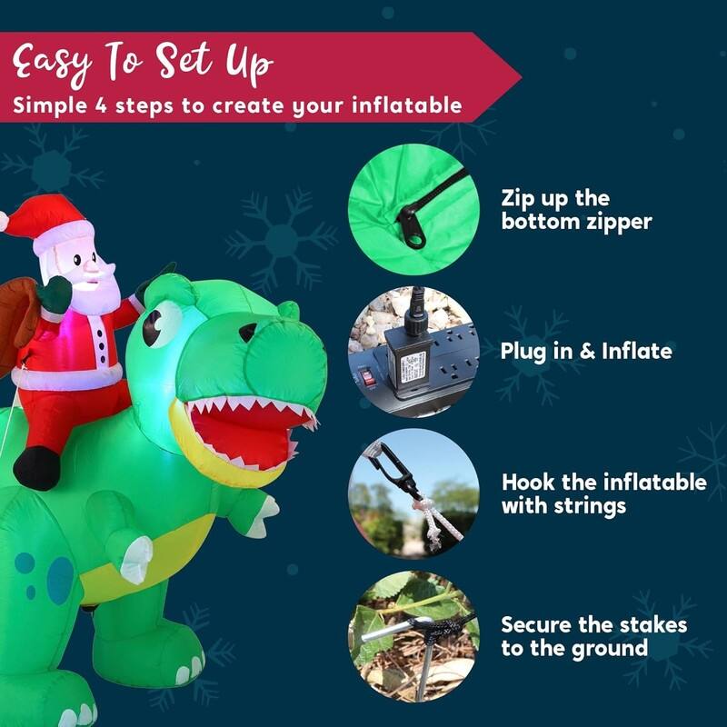 6 FT Christmas Inflatable Dinosaur with Build-in LEDs, Blow Up Dinosaur with Santa - Green