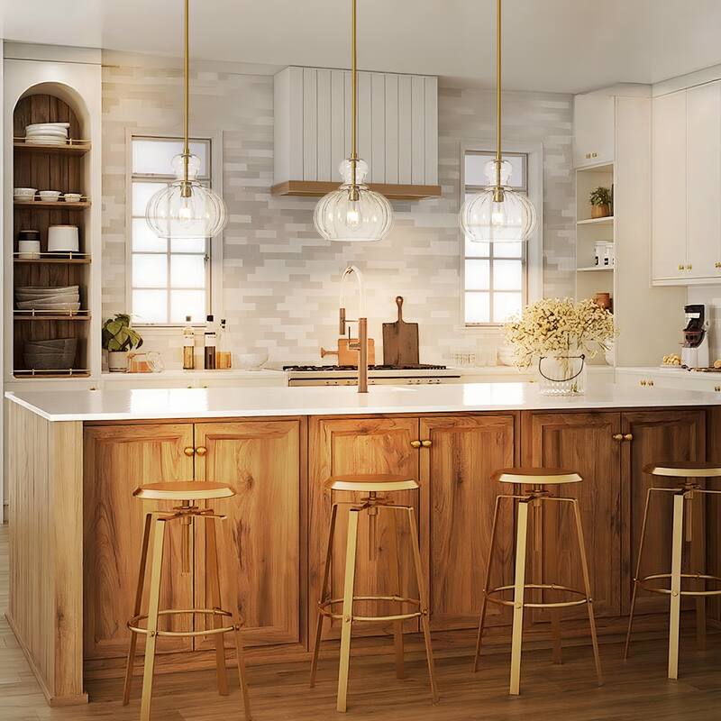 11" W Modern Traditional 1-Light Black/Gold Pendant Light with Clear Ribbed Pumpkin-shaped Glass Shade