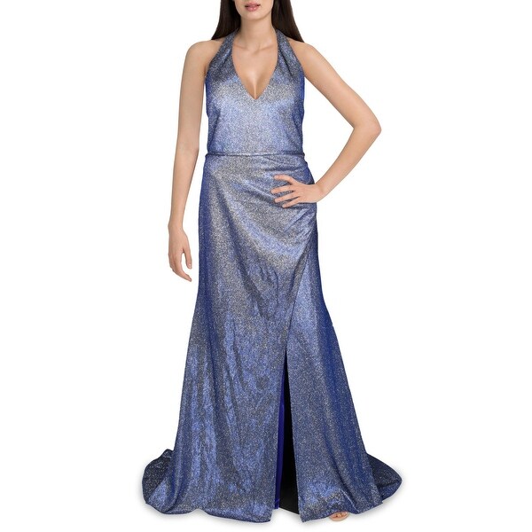 Blondie Nites Womens Formal Dress Halter Gathered Blue