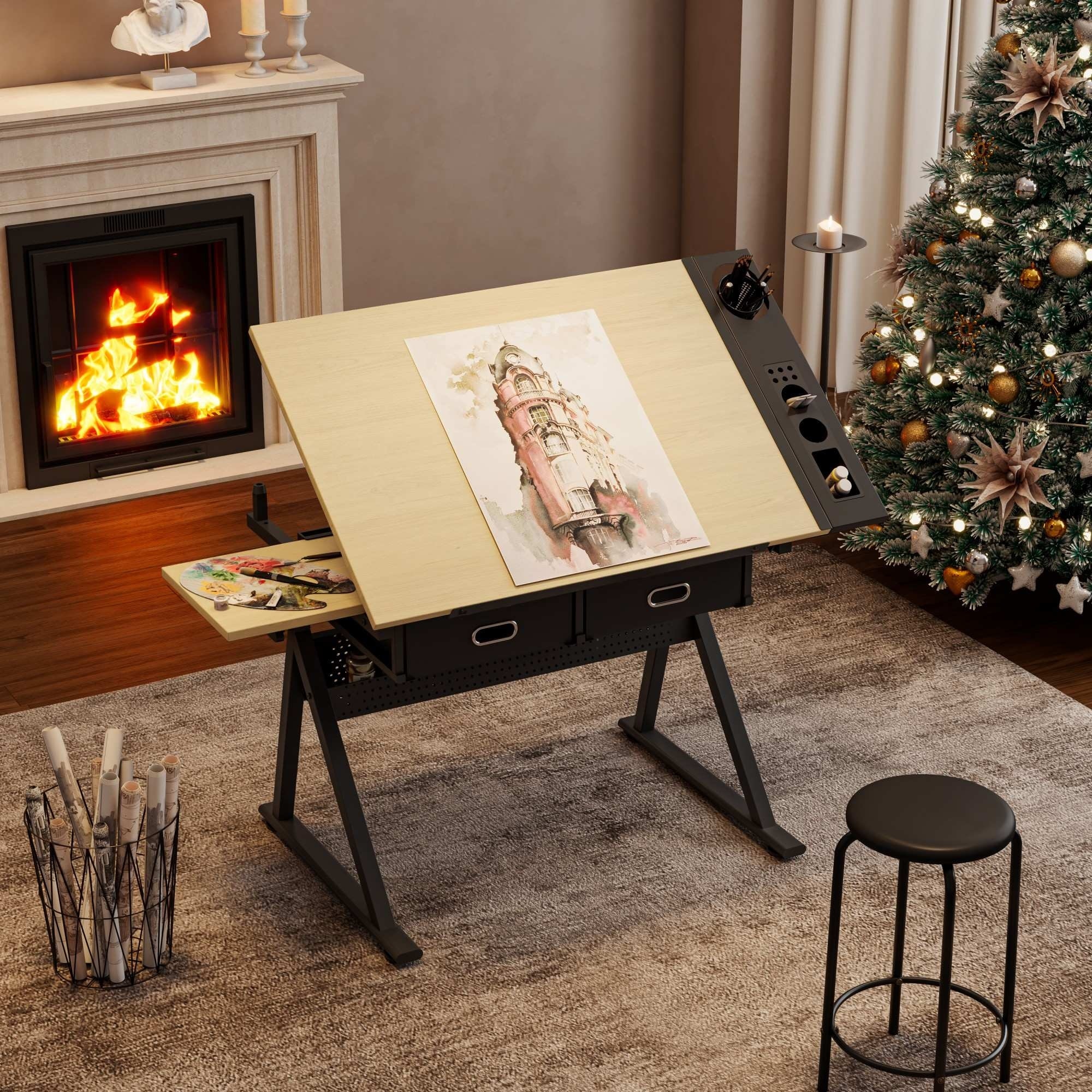 Adjustable Drawing Drafting Table Desk with 2 Drawers and Stool