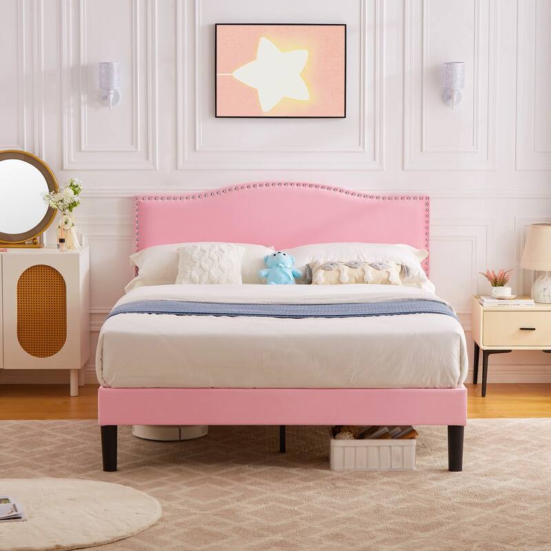 Javlergo Upholstered Platform Bed Frame with Adjustable Headboard, Strong Frame and Wooden Slats Support, Easy Assembly - Pink - Full