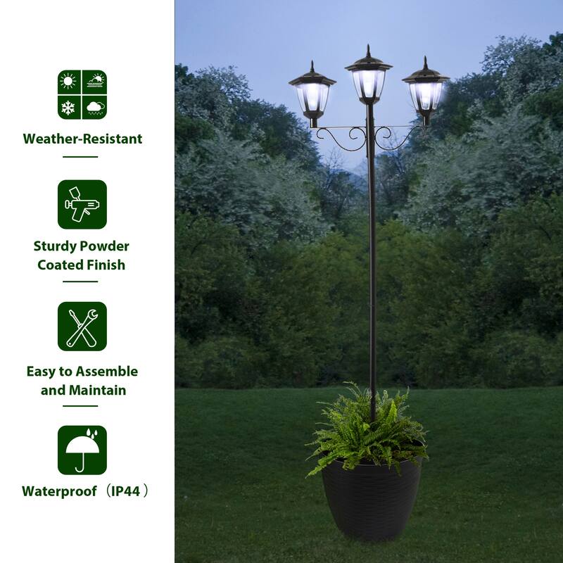 Glitzhome 6FT Solar 3-Head Lamp Street Light with Planter Pot - Black