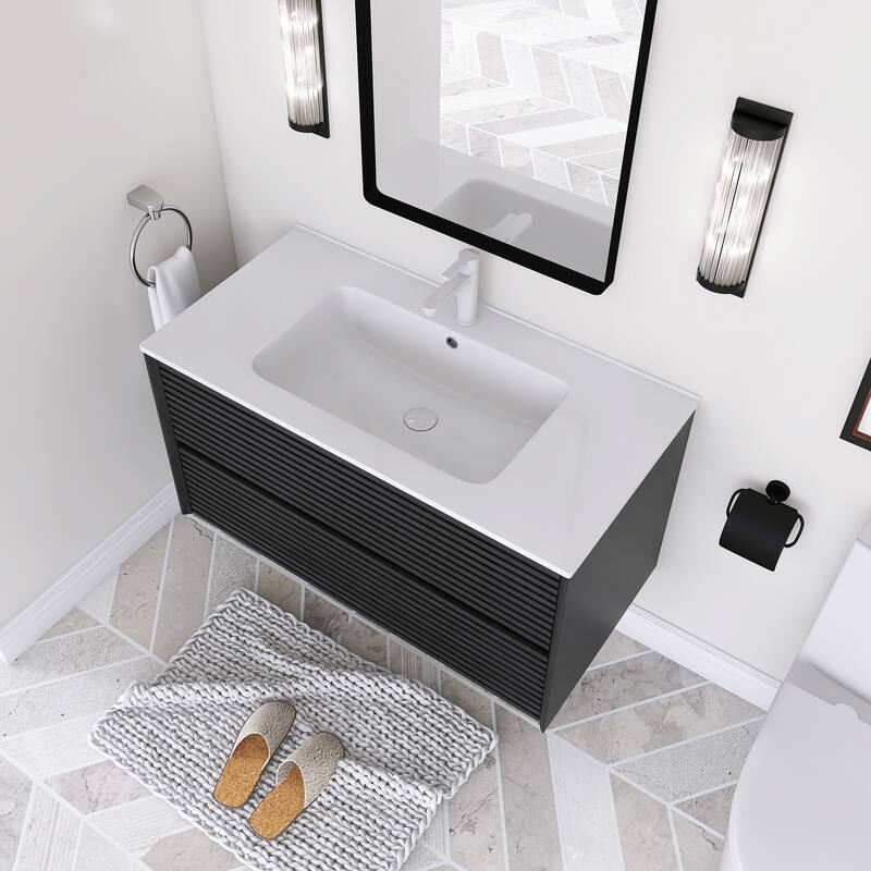 Wall-Mounted Bathroom Vanity with White Ceramic Sink