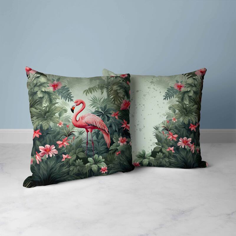 Tropical Flamingo Haven Faux Suede Reversible Throw Pillow Green and Pink