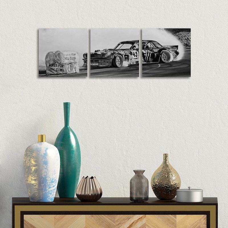iCanvas "Hoonicorn Drift Car Black And White" by J.Bello Studio 3-Piece Canvas Wall Art Set - 12x36x1.5