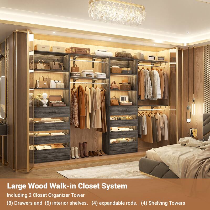 Set of 2 Closet System with Wooden Drawers and Hanging Rods, Closet Organizer with Adjustable Storage Shelves