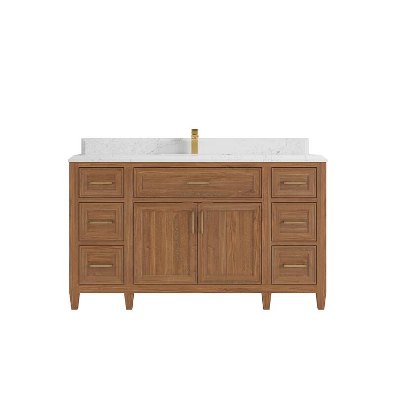 Willow Collections 60 in. W x 22 in. D Santa Monica Teak Single Sink Bathroom Vanity with Countertop - 1.5”Empira White - Dark Natural
