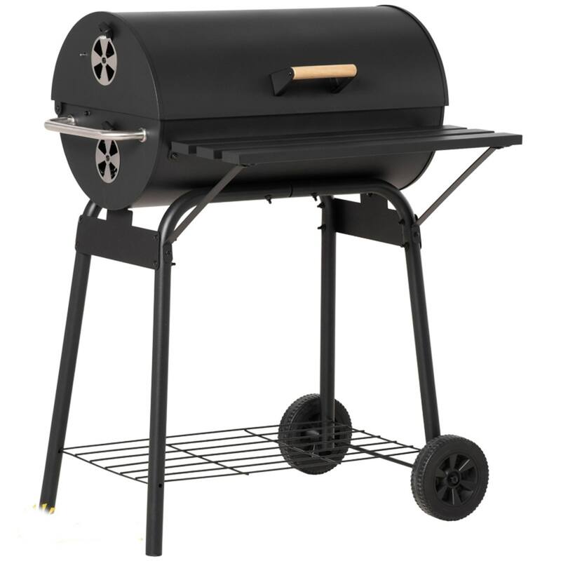 Black Portable Charcoal BBQ Grill with Elevated Warming Rack and Ash Pan Front Storage Shelf - 30.75" L x 29" W x 40.75" H