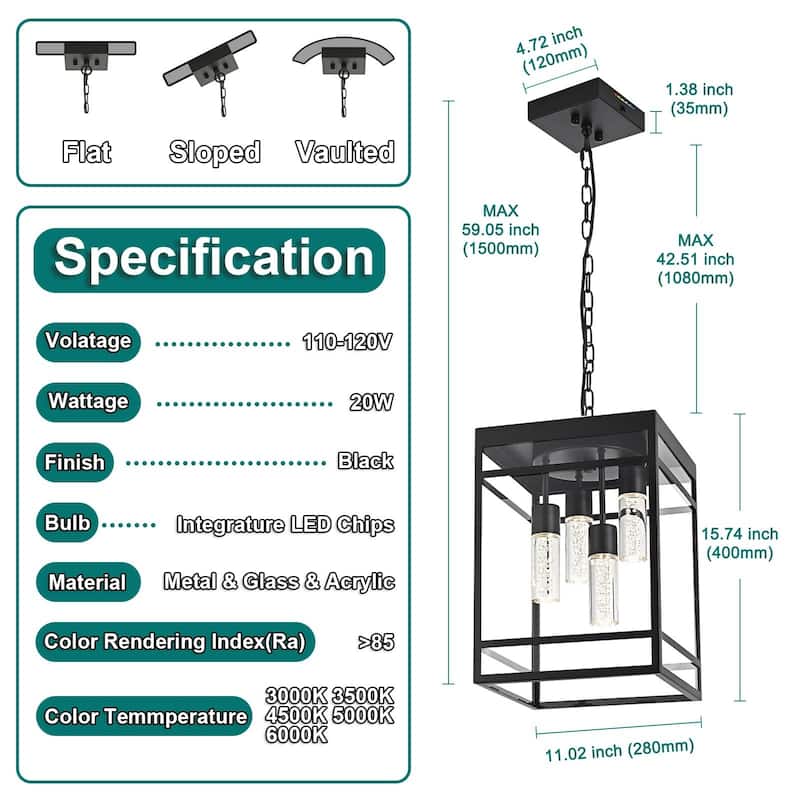 Outdoor LED Pendant Light Fixtures for Porch, 4 Light 5CCT Outdoor Pendant Light, Black LED Integrated Bulbs Hanging Lantern