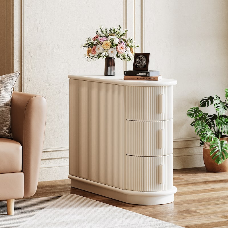 Semi-oval 3-drawer Solid Wood End Side Table for Living Room - White