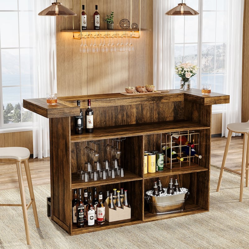 Industrial Wood Bar Table Liquor Cabinet with Wine Glass Holder