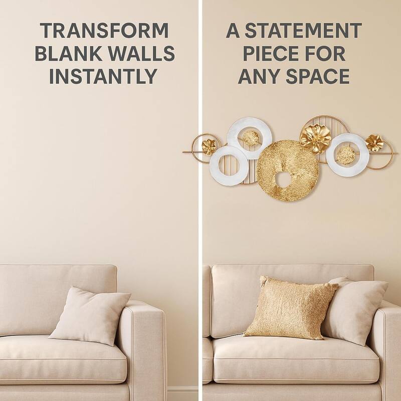 Aria Home Multi Ring Metal Wall Art Gold White Horizontal Modern Decor