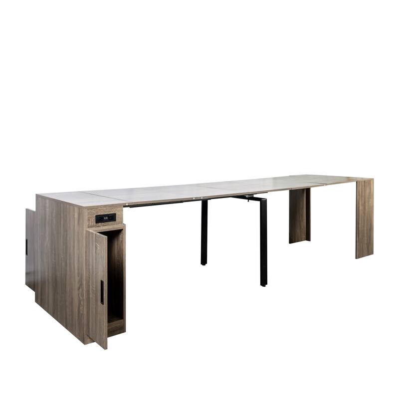 Modern Multifunctional Extendable Dining Table With Outlet,Space Saving Expanding Table With Storage