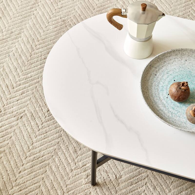 Modern Ceramic Coffee Table with Walnut Finish Shelf - Elegant Living Room Center Table