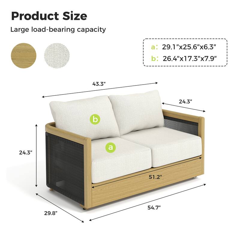 Overture 2-Person Natural Wood Grain Aluminum Hand-Woven Rope Patio Loveseat with Beige Cushions