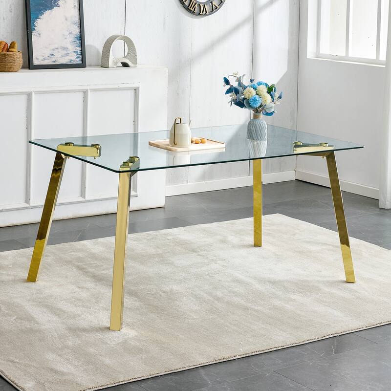 Minimalist style rectangular glass dining table with tempered glass and golden metal legs, for dining room,living room