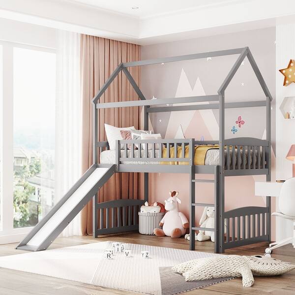 slide 2 of 9, Twin Size Loft Bed with Slide, House-shaped Bed with Ladder, Pine Wooden Bed with Guardrails for Bedroom, Grey Grey