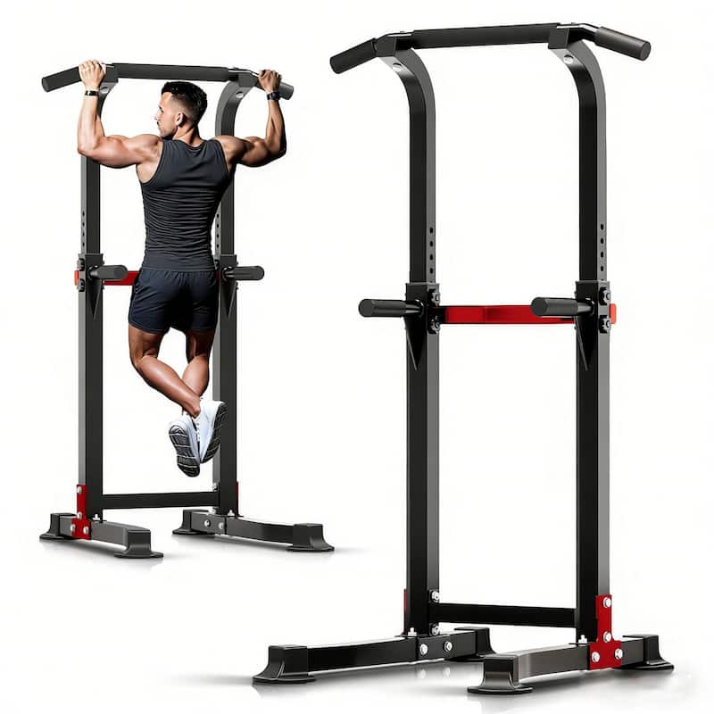 Ainfox Power Tower Pull Up Bar Station Workout Dip Station Height Adjustable Strength Training Equipment - Red