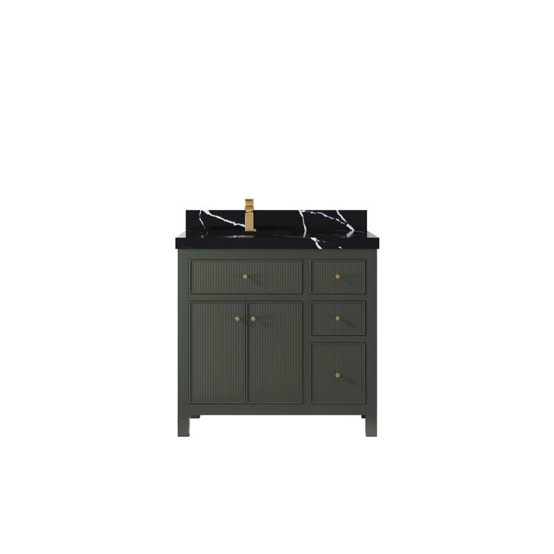 Willow Collections 36 in W x 22 in D Sonoma Left Offset Free Standing Reeded Bathroom Vanity with Countertop - 2" Calacatta Black - Pewter Green