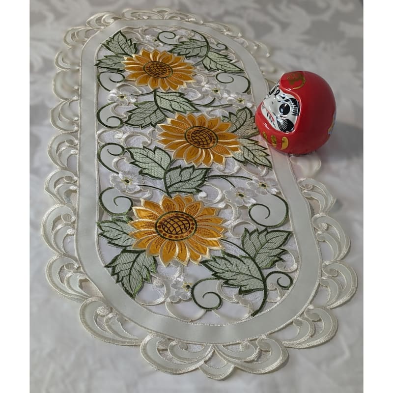 Sunflower Embroidered Cutwork Rectangular Table Runner, 14 by 28 inch