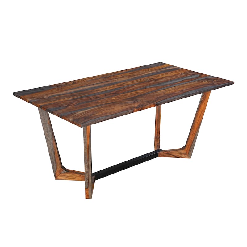 Myra 6 Seater Dining Table, 67" Rectangular Top in Walnut Brown and Antique Gray Sheesham Wood, Black Metal Base