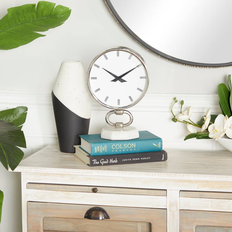 Silver Stainless Steel Metal Decorative Clock with Marble Base