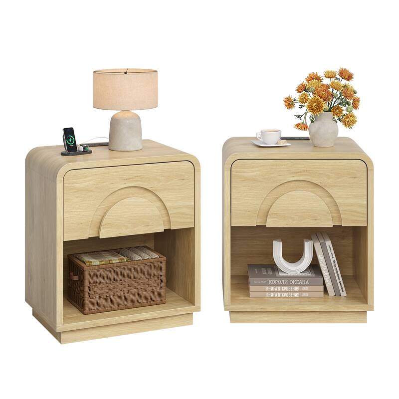 Bestier - Nightstand with Charging Station & Open Shelf, Modern Bedside Table End Table for Bedroom Living Room - Set of 2 - Natural Maple