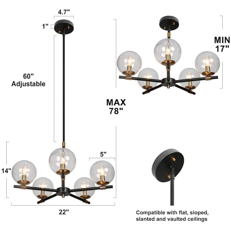 Modern Industrial 5-Light Matte Black/Gold Chandelier Globe Glass Shades Pendant Light Fixture for Dining Room - 22" D x 14" H