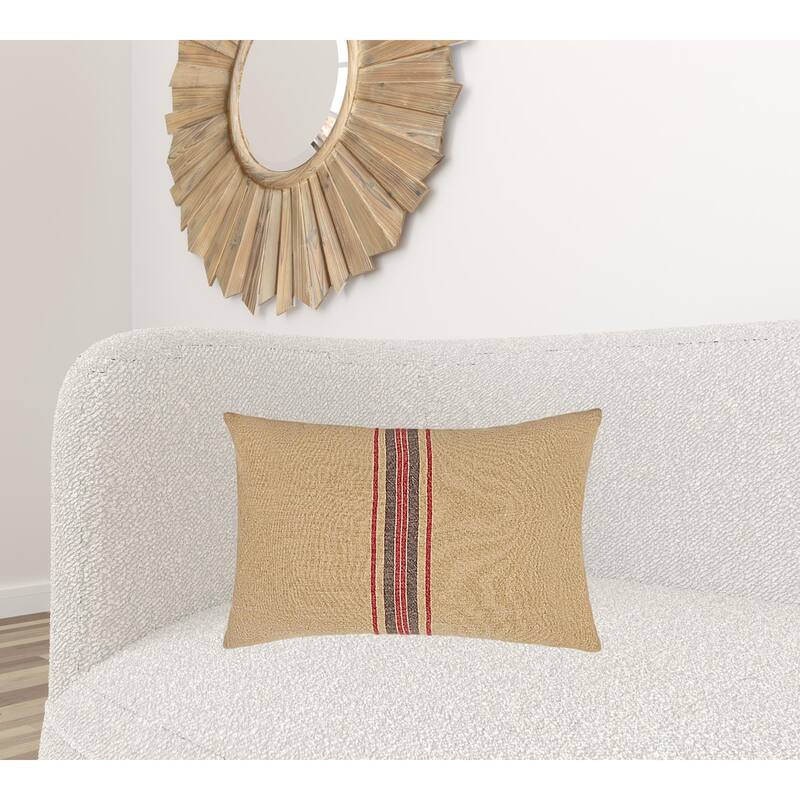 16" X 24" Brown and Red Striped Linen Blend Zippered Pillow