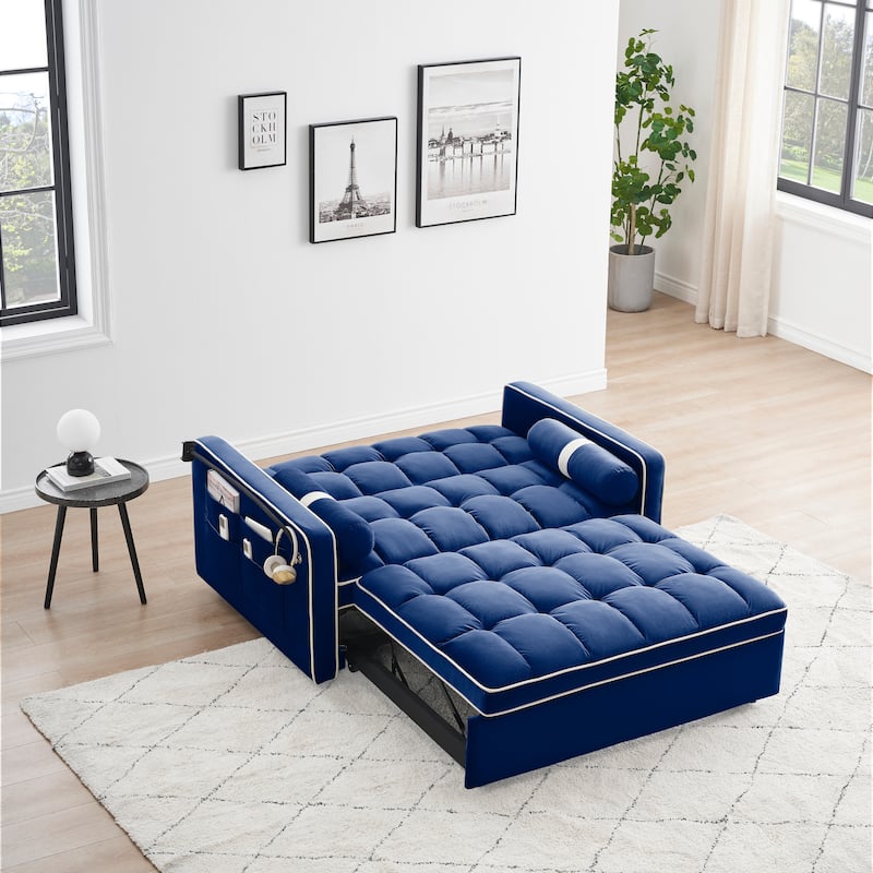 Blue 55'' Convertible Velvet Sleeper Sofa for Two, Pull-Out Bed with Adjustable Recline, Side Pockets, and Phone Holder