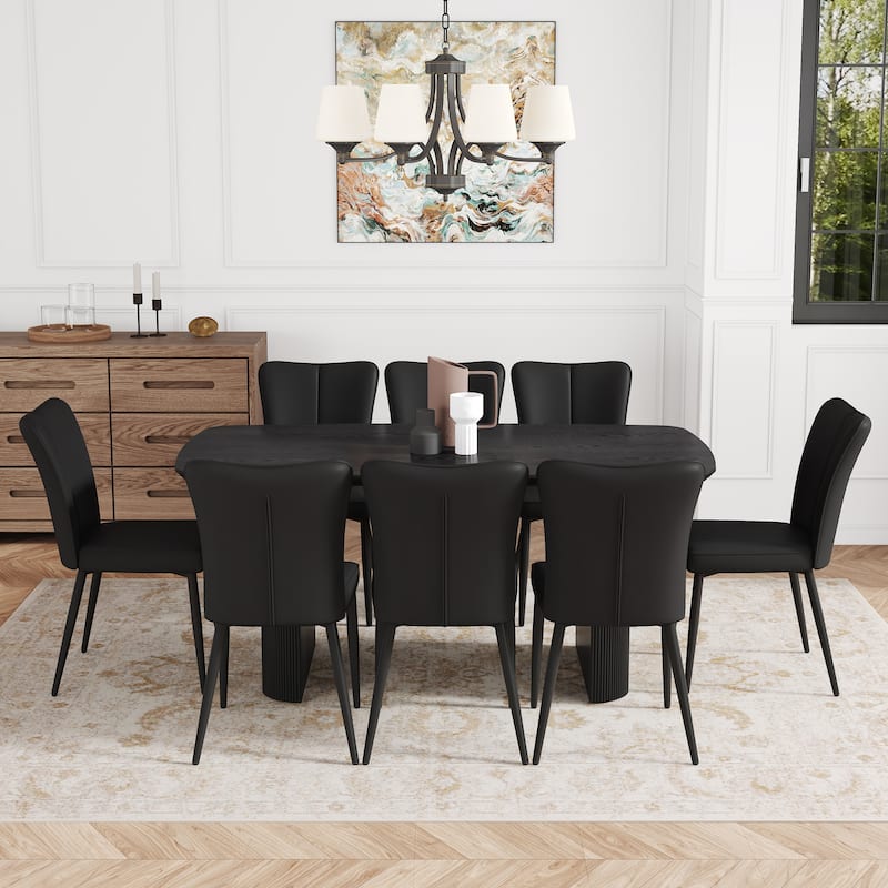 Minimalist Dining Table Set with 8 Upholstered Chairs, Black PU Leather Dining Chairs with Metal Legs - Black
