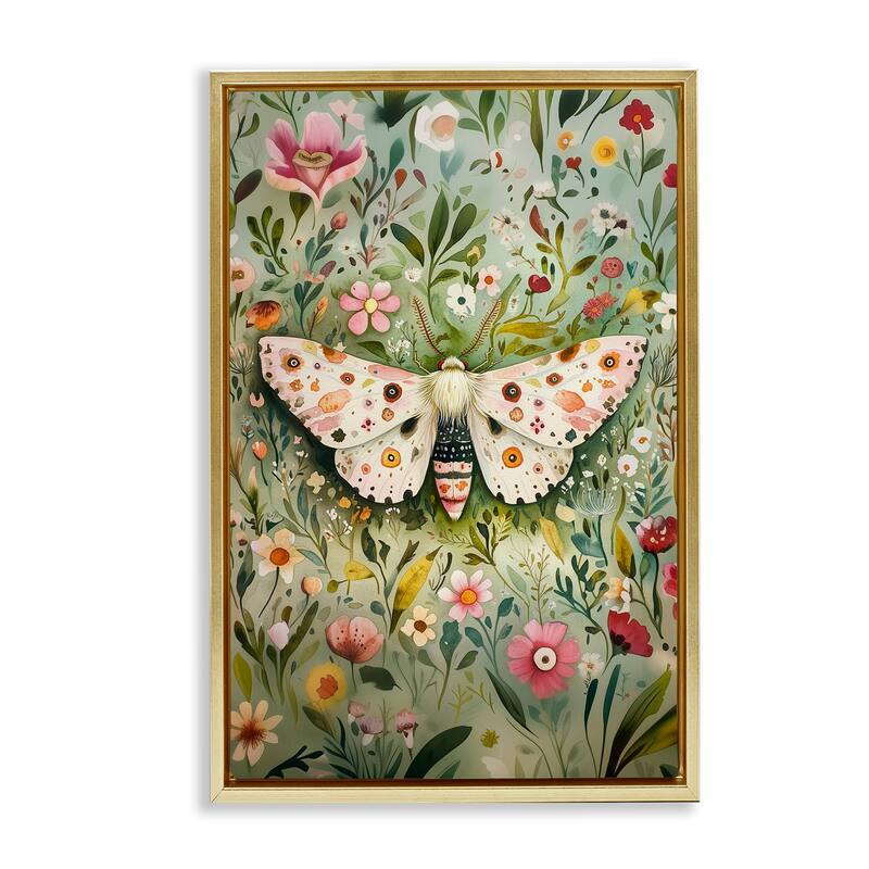 Stupell Floral Moth & Botanicals Framed Floater Canvas Wall Art Design By The Dutch Lady - 21 x 31 - Gold