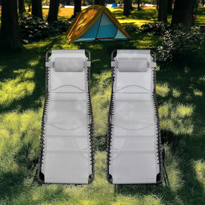 Outdoor Lounge Chairs Set of 2, Teslin Folding Tanning Chair with 5-Position Reclining Back